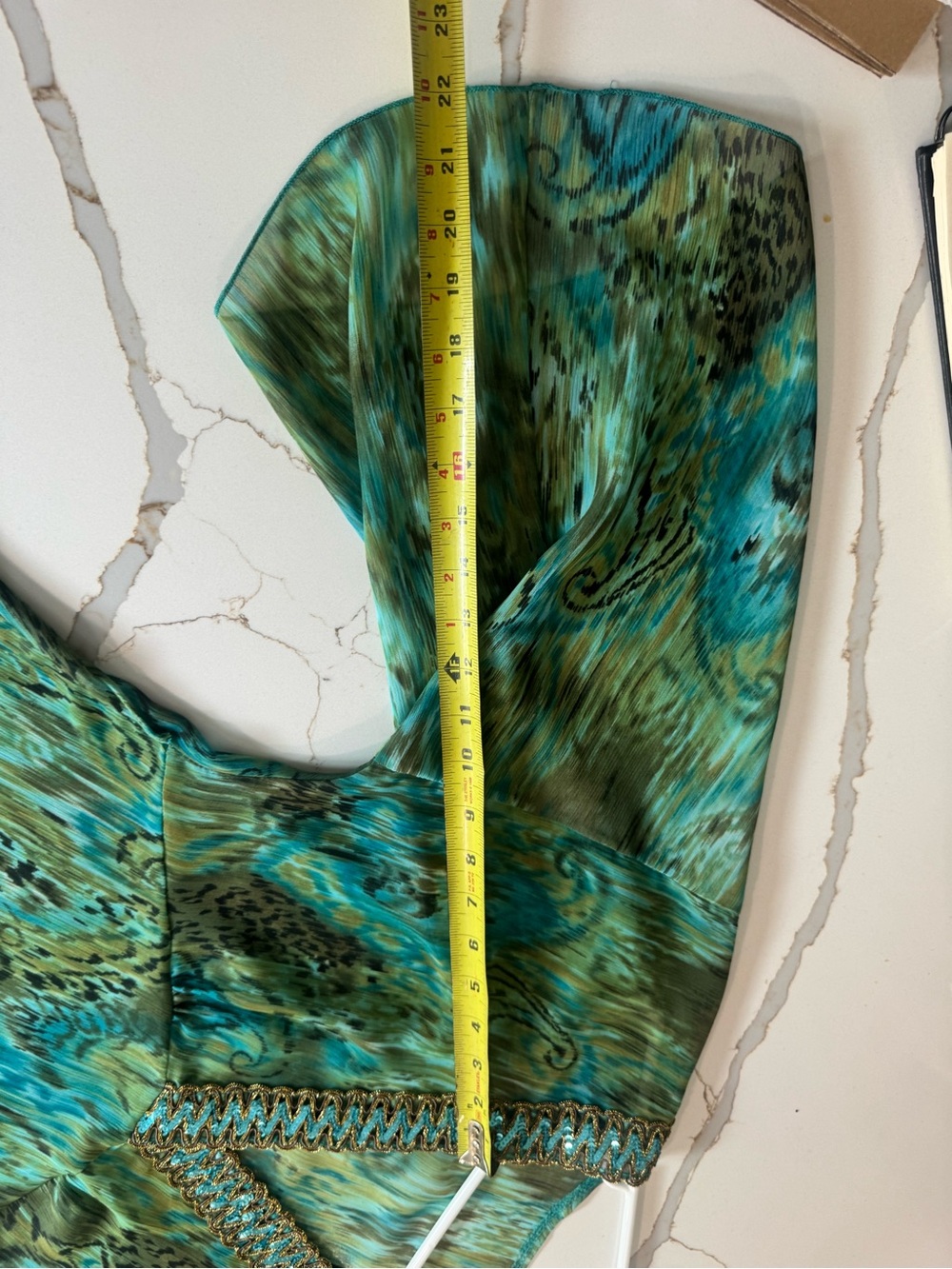 Embellished V-Neck Green Teal Printed Women’s Top peacock - Picture 6 of 7